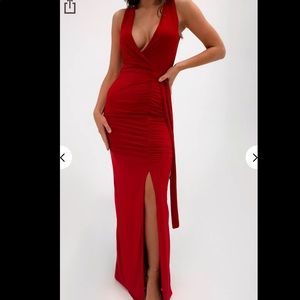 Red Slinky Wrap Front Ruched Maxi Dress